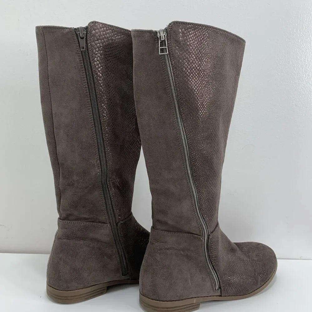 Steve Madden Knee High Boots Brown Snakeskin Side Zip Round Toe 5 Shiny
